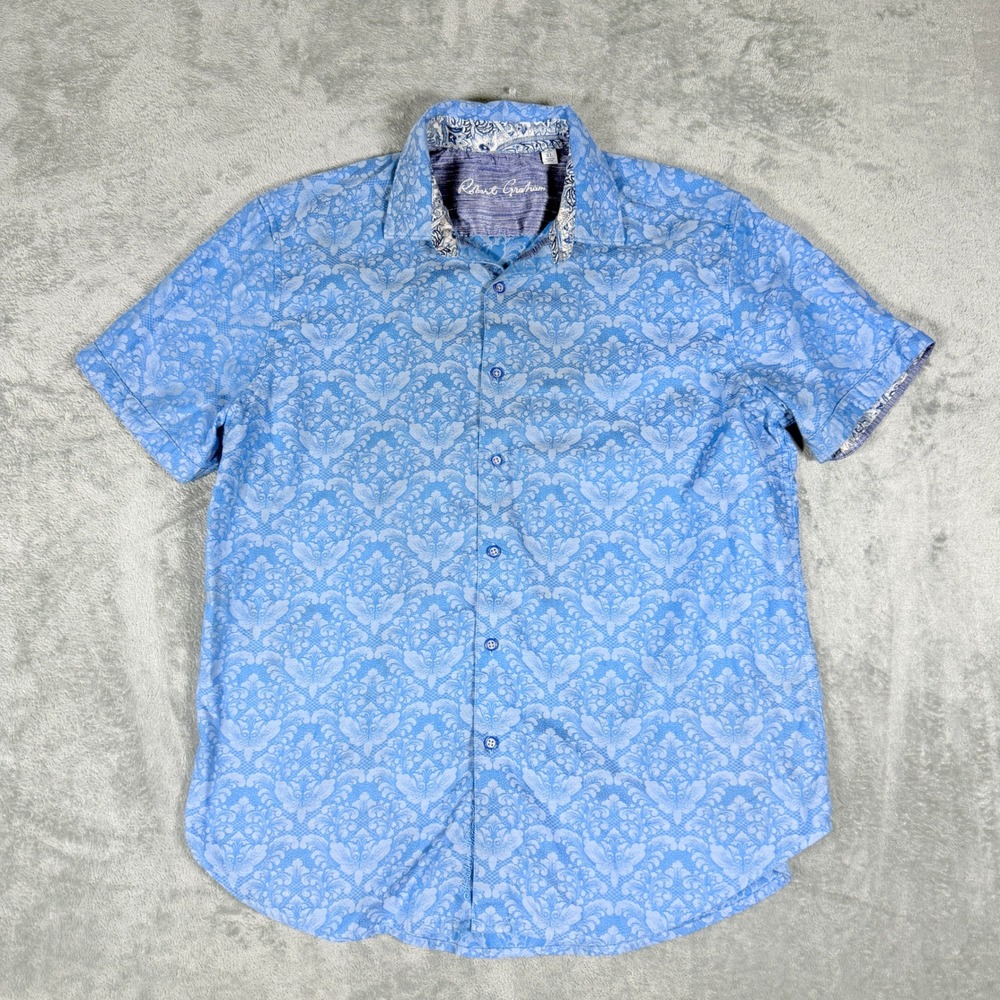 Robert Graham Mens XL Short Sleeve Button Down Blue Damask Paisley Classic Fit